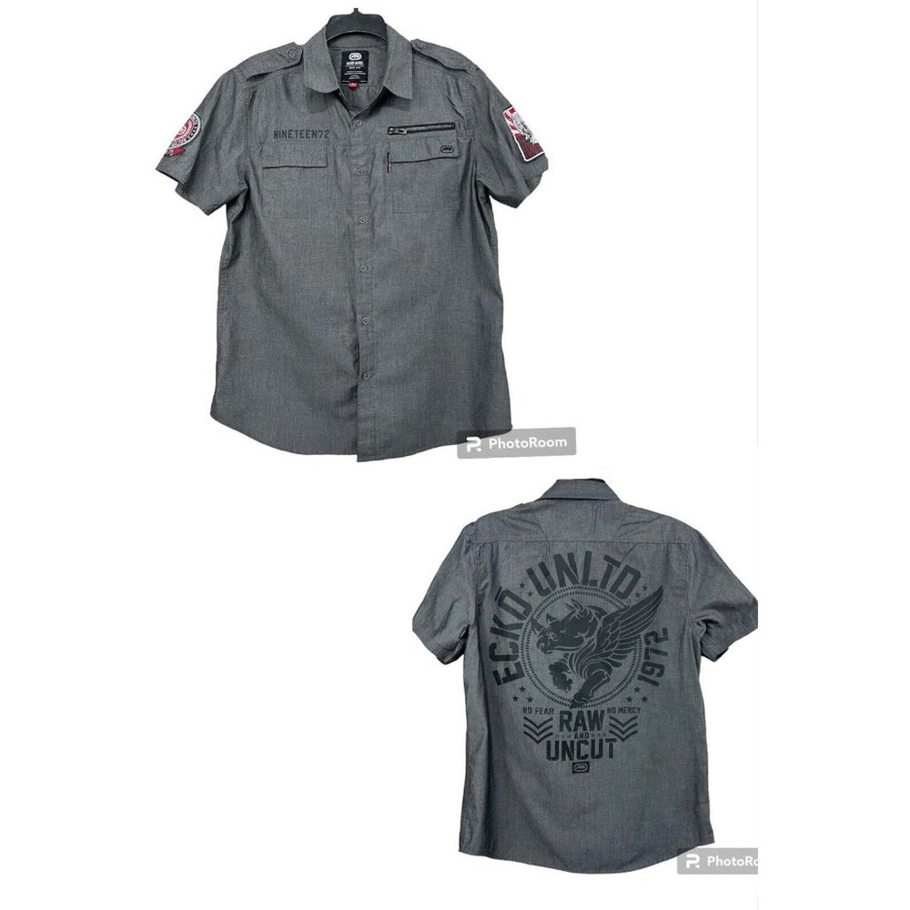 Ecko Unlimited Y2K Men Short Sleeve Button Front Shirt Sz M Gray Graphic Back